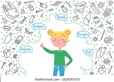 Reduce recycling reuse. Zero waste concept. Girl shows a hand on text. Vector illustration in cartoon style. Hand drawn character illustration and lettering on a white background.