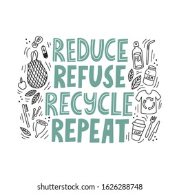 Reduce, refuse, recycle, repeat quote. Hand drawn eco vector lettering with set of zero waste illustrations. Sustainable marketing concept. 