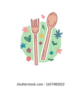 Reduce and Reusable  cutlery set icon in cartoon doodle style. Zero waste life concept. Sticker bamboo fork and spoon with nature organic flower decoration. No plastic style. Vector.