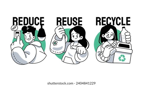 Reduce, Reuse, Recycle 3R Concept Symbol with People Vector Illustration