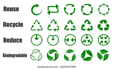 Reduce reuse recycle and biodegradable set icons for environmental concept of ecological waste management, sustainable and economical lifestyle signs collection - stock vector