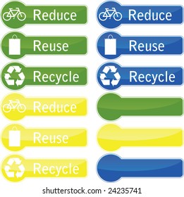 Reduce reuse recycle buttons on a white background.