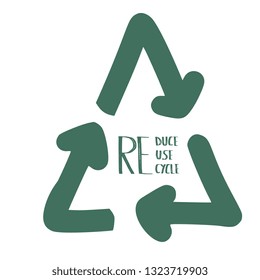 Reduce Reuse Recycle concept. Quote with ecological symbol. Emblem with handwritten lettering.  Vector illustration. 