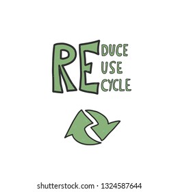 Reduce Reuse Recycle concept. Quote with ecological symbol. Emblem with handwritten lettering.  Vector illustration. 