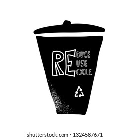 Reduce Reuse Recycle concept. Quote with ecological symbol. Emblem with handwritten lettering.  Vector illustration. 