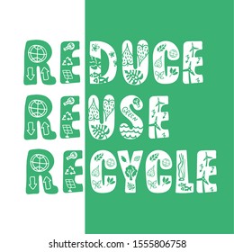 REduce, REuse, REcycle.
Creative bicolor print for eco bag. Green, white colors. Eco icons in side letters. Yand drawn. Handwritten. Creative sticker, ecological theme. Motivational phrase. Lifestyle