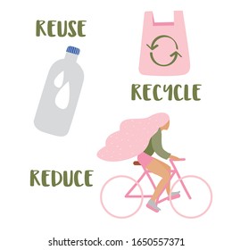 Reduce, reuse, recycle. Eco set with plastic bag, bottles and riding a bike. Use less plastic, go green collection. Zero waste life concept. - Vector