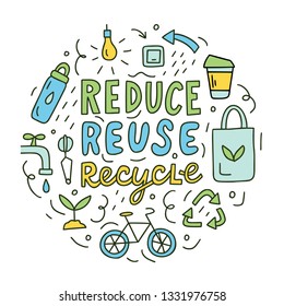 Reduce, reuse, recycle. Ecology concept. Round composition with hand lettering and doodle elements. Vector doodle illustration for postcards, t-shirts, mugs, bags and others.