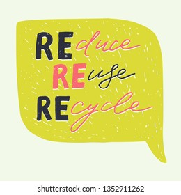 Reduce Reuse Recycle hand drawn lettering inscription on bright speech bubble. Zero waste concept slogan. Eco-friendly handwritten words for decoration of yoga class, eco store, shop, blog. Vector