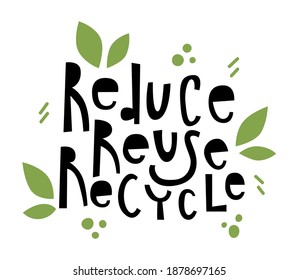 Reducir la reutilización Reciclando las letras dibujadas a mano con hojas verdes. Aislado sobre fondo blanco. Diseño para banner web o impresión textil. Concepto de ecología y minimalismo. Ilustración vectorial.