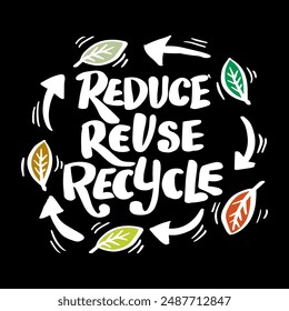 Reduce reuse recycle. Hand drawn lettering poster. Vector illustration.