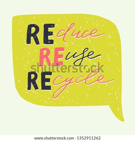 Reduce Reuse Recycle hand drawn lettering inscription on bright speech bubble. Zero waste concept slogan. Eco-friendly handwritten words for decoration of yoga class, eco store, shop, blog. Vector