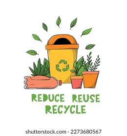 Reduce, reuse, recycle lettering quote with zero waste doodles for prints, cards, signs, sublimation, stickers, etc. EPS 10