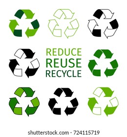 Reduce reuse recycle logotype set. Green arrows recycle eco symbols. Recycled materials vector icons