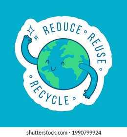 Reduce. Reuse. Recycle. Planet Show Okay Sign Sticker on Blue Background. Modern Flat Vector Illustration. Social Media Template.