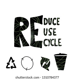 Reduce Reuse Recycle. Quote with decor isolated on whote background. Emblem with handwritten lettering.  Vector conceptual illustration. 