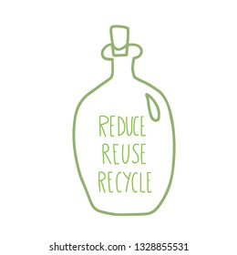 Reduce Reuse Recycle. Quote with decor. Emblem with handwritten lettering.  Vector conceptual illustration. 
