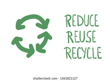 Reduce Reuse Recycle. Quote with decor. Emblem with handwritten lettering.  Vector conceptual illustration. 