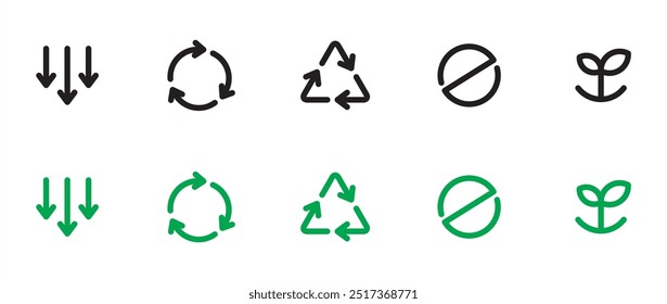 Reduce, reuse, recycle ,refuse and rot icon set. Arrows symbol , triangle recycling arrows icon. arrow sync rotation outline icons. vector editable stroke,  Recycled eco icon. Vector illustration.