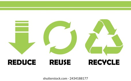 Reducir, reutilizar y reciclar iconos vectoriales simples, respetuosos del medio ambiente, limpieza, sostenibilidad