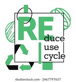 Reduzieren, Wiederverwenden, Recycling - Slogan des Umweltsparprogramms in flacher Dekoration. Motivationales Emblem, abstrakter geometrischer Anti-Design-Stil