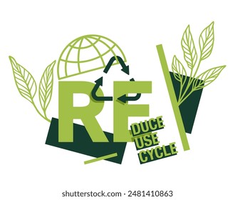 Reduce, Reuse, Recycle - slogan of environment saving program in flat decoration. Motivational emblem, abstract anti-design geometric style