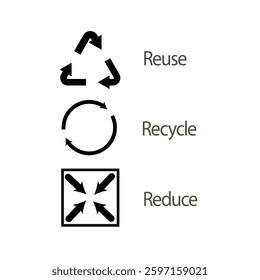 Reduce, Reuse, Recycle, symbols In black silhouette