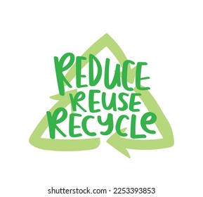 Reduce, reuse, recycle text and sign. Arrows symbol green. Ecology, environment, clean energy, renewable reusable product concept. Vector illustration sticker design.