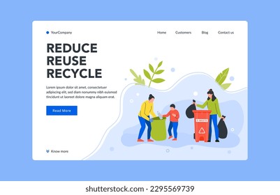 Reduce reuse and recycle trash landing page. Protecting environment from pollution. People collecting litter in different rubbish bins. Characters sorting e-waste website vector illustration