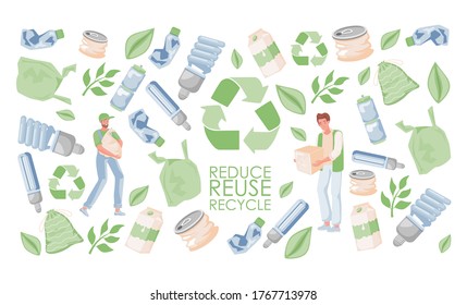 Reduzieren, wiederverwenden und recyceln Sie Vektorflachbanner-Vorlagen. Männer, die Abfall halten. Müll, Plastiktüten, Dosen, Blätter, Karton, Glühbirnen und Recycling-Zeichen. Umweltfreundliches Lifestyle-Konzept.