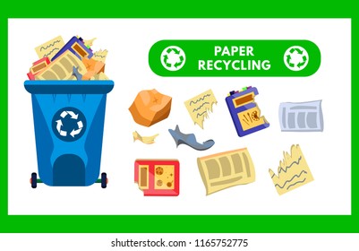 Reduce, Reuse, Recycle waste. Garbage collection. Recycling trash. Blue trash can with paper waste: newspaper, book. Flat cartoon vector illustration. Isolated on green. sorting. Banner,flyer,symbol