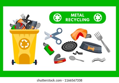 Reduce, Reuse, Recycle waste. Garbage collection. Recycling trash. Yellow trash can with waste: can,bowl, fork spoon. Flat cartoon vector illustration. Isolated on green. sorting. Banner,flyer,symbol