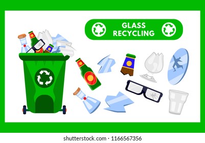 Reduce, Reuse, Recycle waste. Garbage collection. Recycling trash. Green trash can with glass waste: glasses, mirror. Flat cartoon vector illustration. Isolated on green. sorting. Banner,flyer,symbol