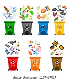 Reduce, Reuse, Recycle waste. Garbage collection. Recycling trash. Trash can: paper, metal, organic, plastic, batteries, e-waste, glass, mix. Flat cartoon vector illustration on white. Sorting waste