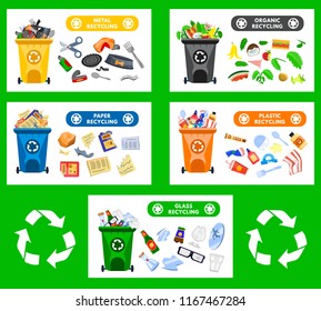 Reduce, Reuse, Recycle waste. Garbage collection. Banner, flyer, template recycling trash. Trash can: paper, metal, organic, plastic, batteries, e-waste, glass, mix. Flat cartoon vector illustration