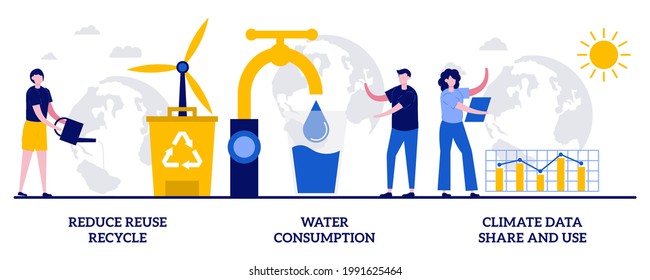 Reduce reuse recycle, water consumption, climate data share and use concept with tiny people. Save the planet vector illustration set. Upcycling program, weather forecast, overconsumption metaphor.