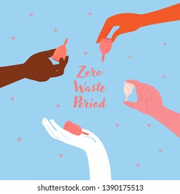 Reduce, reuse, recycle. Zero waste menstrual cups in hands. Diverse woman hands are holding girl cycle hygiene silicone containers for blood. Empowerment, economy, feminism and eco friendly concept