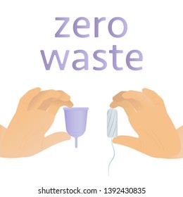 Reduce, reuse, recycle. Zero waste menstrual cups in hands. Diverse woman hands are holding girl cycle hygiene silicone containers for blood. Empowerment, economy, feminism and eco friendly concept