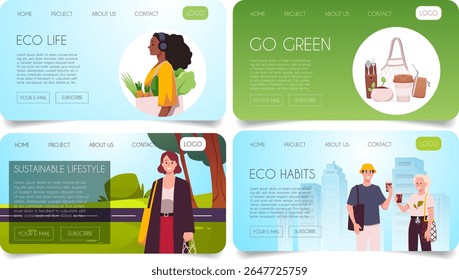 Reduce, reuse, recycle and zero waste concept. Vector landing page design. Cartoon people use ecological things and transport, sorting garbage, grows vegetables. Save the planet and follow vegan diet