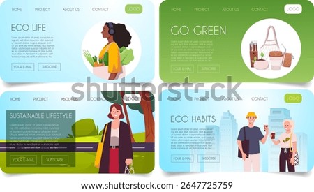 Reduce, reuse, recycle and zero waste concept. Vector landing page design. Cartoon people use ecological things and transport, sorting garbage, grows vegetables. Save the planet and follow vegan diet