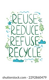 reduce reuse refuse recycle lettering. Vector illustration Hand-drawn eco-friendly quote, save the world slogan. Environmental ecological recycling symbol