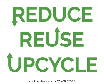 Reduce Reuse Upcycle Typographic Design. Green Text. Up And Down Arrows. Transparent Background. Isolated On White Layer.