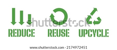 Reduce Reuse Upcycle words and recycling arrows. Green color. Transparent background. Isolated on white layer. Foto stock © 