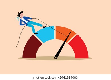 Reduce risk level or decrease stress anxiety meter, lower danger indicator or scale, reduce from red alert meter to be green chart concept, businesswoman pull meter to reduce risk or stress level