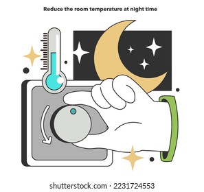 Reduzca la temperatura de la habitación por la noche para lograr una eficiencia energética en el hogar. Gastos de consumo de electricidad. Efecto de la inflación o de la recesión económica. Ilustración vectorial plana