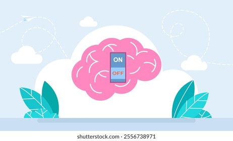 Reduce stress concept, stress management, turning off the switch in the human brain. Brain power switch, turned on working fine, awake. Switch off negative thinking concept. Vector illustration