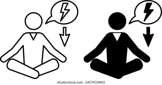 Reduce Stress Icons. Black and White Vector Icons of Meditating Man and Down Arrow. Learn to Relax. Calm down. Avoid Stressful Situations. Mental Health. Positive Thinking Concept