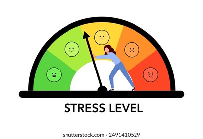 Reduzca la Ilustración vectorial de conceptos de nivel de tensión. Sobrecarga emocional, agotamiento y fatiga laboral. Medidor de nivel de estrés medidor de etapas emocionales. La persona presiona la flecha del máximo al mínimo.