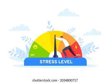 Reduce stress level flat style design concept vector illustration. Emotion overload, burnout and fatigue from work. Stress level meter gauge emotion stages. Person pushes arrow from maximum to minimum