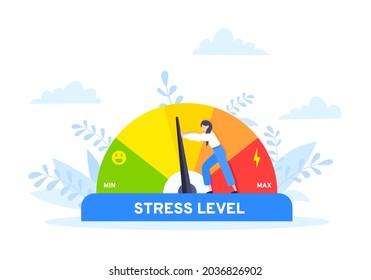 Reduce stress level flat style design concept vector illustration. Emotion overload, burnout and fatigue from work. Stress level meter gauge emotion stages. Person pushes arrow from maximum to minimum